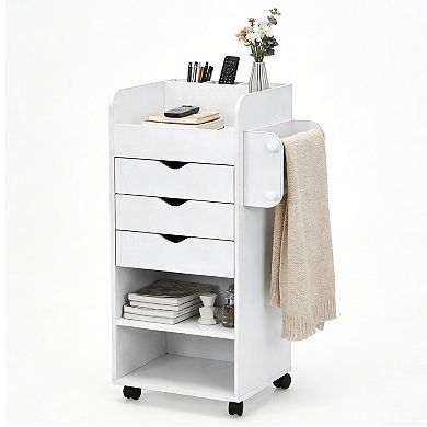 1pc White Rolling Storage Cart with Drawers, 3-Drawer Mobile Side Table, Narrow Rolling Cart