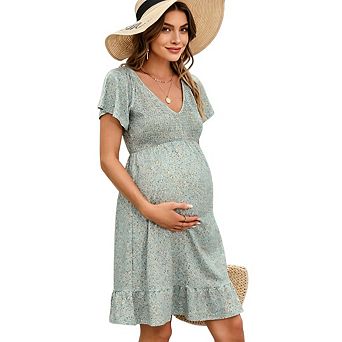 Women Maternity Midi Ruffle Deep V-Neck Flowy High Waist Casual Pregnant Sundress