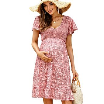 Women Maternity Midi Ruffle Deep V-Neck Flowy High Waist Casual Pregnant Sundress