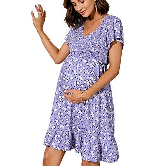 Women Maternity Midi Ruffle Deep V-Neck Flowy High Waist Casual Pregnant Sundress