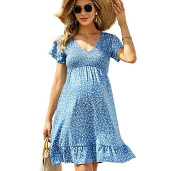 Women Maternity Midi Ruffle Deep V-Neck Flowy High Waist Casual Pregnant Sundress