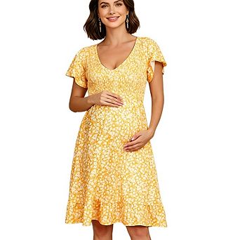 Women Maternity Midi Ruffle Deep V-Neck Flowy High Waist Casual Pregnant Sundress
