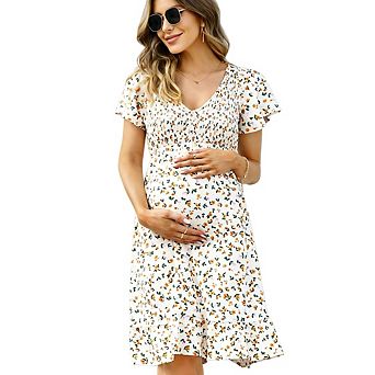 Women Maternity Midi Ruffle Deep V-Neck Flowy High Waist Casual Pregnant Sundress