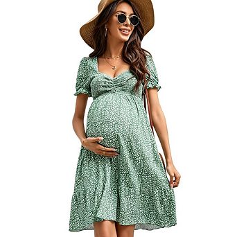 Women Maternity A Line Sweetheart Neck Ruffle Flowy Mini Boho Dress