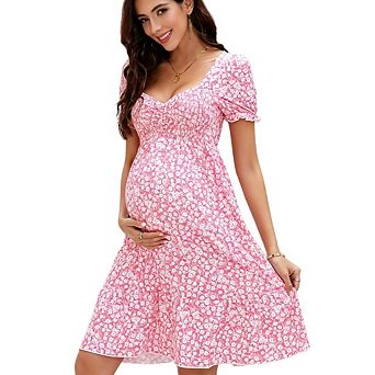 Women Maternity A Line Sweetheart Neck Ruffle Flowy Mini Boho Dress