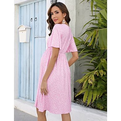 Womens Maternity V-Neck Ruffle Short Sleeve Midi Dress