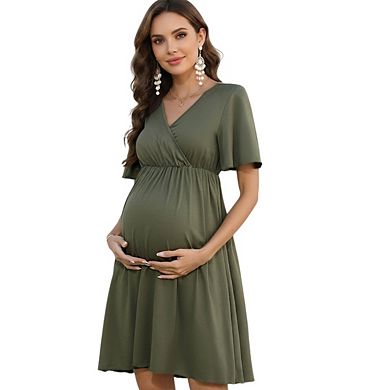 Womens Maternity V-Neck Ruffle Short Sleeve Midi Dress