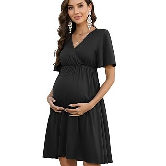 Womens Maternity V-Neck Ruffle Short Sleeve Midi Dress