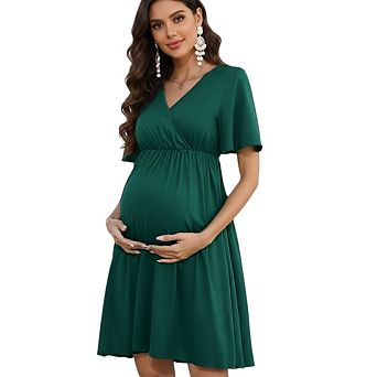 Womens Maternity V-Neck Ruffle Short Sleeve Midi Dress