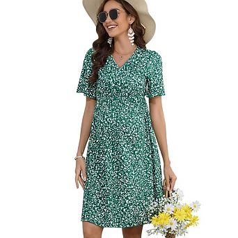 Womens Maternity V-Neck Ruffle Short Sleeve Midi Dress