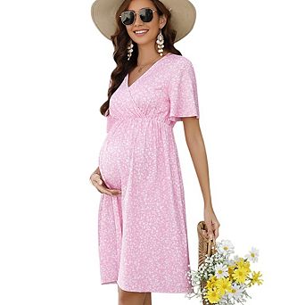 Womens Maternity V-Neck Ruffle Short Sleeve Midi Dress