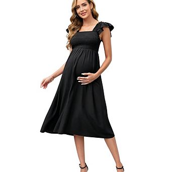Womens Maternity Cap Sleeve Square Neck Smocked Boho Midi Dress