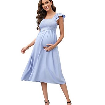Womens Maternity Cap Sleeve Square Neck Smocked Boho Midi Dress