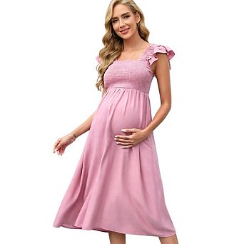 Womens Maternity Cap Sleeve Square Neck Smocked Boho Midi Dress