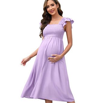 Womens Maternity Cap Sleeve Square Neck Smocked Boho Midi Dress