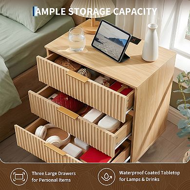 GARVEE 3-Drawer Nightstand with Wave Pattern, Mid-Century Modern End Table for Bedroom Living Room
