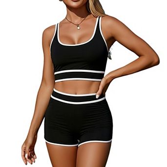 Women Two Piece Swimsuit Crop Top Bikini with High Waist Shorts Athletic Swimwear Set for Beach