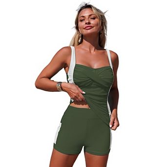 Women Two-Piece Tankini Swimsuit Ruched Tummy Control Set， High Waisted Boy Shorts Bathing Suit