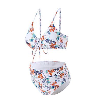 Women Maternity Bikini Set Triangle Top Swimsuit with Drawstring and High Waisted Bottom