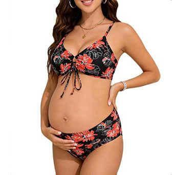 Women Maternity Bikini Set Triangle Top Swimsuit with Drawstring and High Waisted Bottom