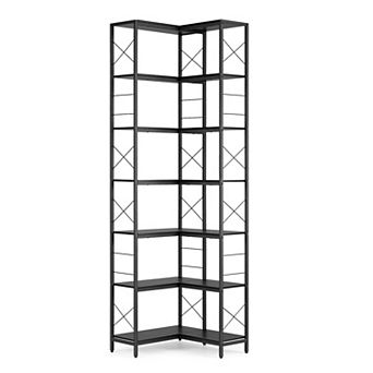 Wood Metal 7 tier Corner Bookcase, Industrial Freestanding Display Shelving for Living Room