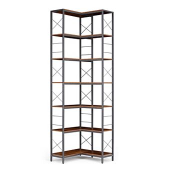 Wood Metal 7 tier Corner Bookcase, Industrial Freestanding Display Shelving for Living Room