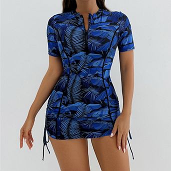 Women Two Piece Rash Guard Swimsuit Short Sleeve Zip Front Surfing Set with High Waist Shorts