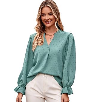 Womens Tops Swiss Dot Boho Long Sleeve Shirts V Neck Casual Chiffon Blouses Dressy Tops