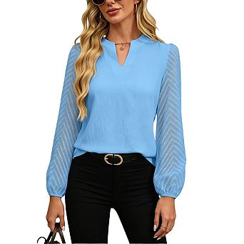 Womens Tops Dressy Casual Crew Neck Lantern Long Sleeve Work Shirts Chiffon Blouses Fashion