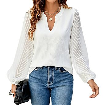 Womens Tops Dressy Casual Crew Neck Lantern Long Sleeve Work Shirts Chiffon Blouses Fashion