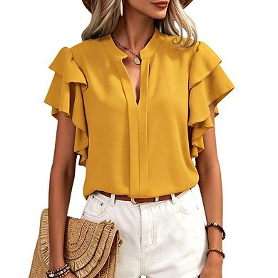 Womens Summer Tops Casual V Neck Ruffle Cap Sleeve Blouse Shirts Solid Color Tunic Tops