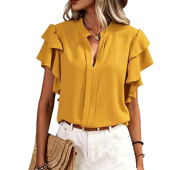 Womens Summer Tops Casual V Neck Ruffle Cap Sleeve Blouse Shirts Solid Color Tunic Tops