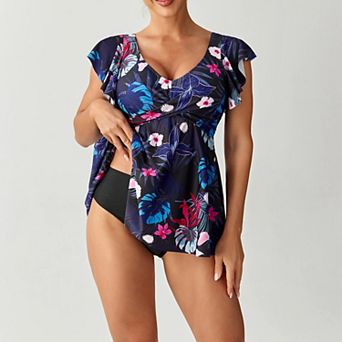 Women Printed Two Piece Tankini Swimsuits Tummy Control Swim Dress High Waisted Bikini Bottoms