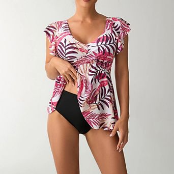 Women Printed Two Piece Tankini Swimsuits Tummy Control Swim Dress High Waisted Bikini Bottoms