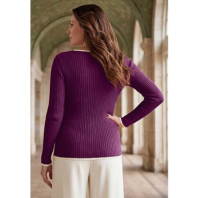 Jessica London Women's Plus Size Ribbed Keyhole Pullover Sweater