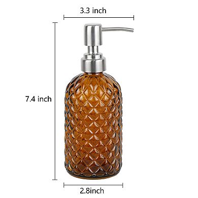 16 Oz Glass Soap Dispenser with Stainless Steel Pump, Diamond Pattern Refillable Lotion Dispenser