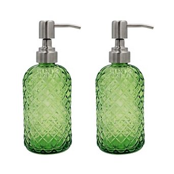 16 Oz Glass Soap Dispenser with Stainless Steel Pump, Diamond Pattern Refillable Lotion Dispenser