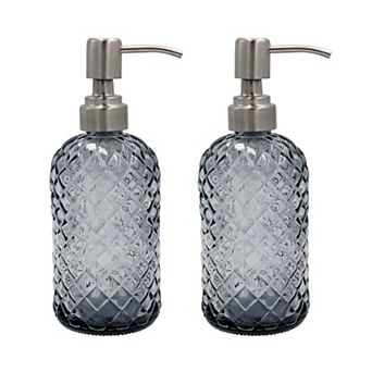 16 Oz Glass Soap Dispenser with Stainless Steel Pump, Diamond Pattern Refillable Lotion Dispenser