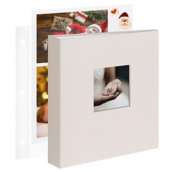 8.5x11 Inch 3 Ring Scrapbook Album with 30 Plastic Sleeves 60 Pages Beige Fabric Hardcover