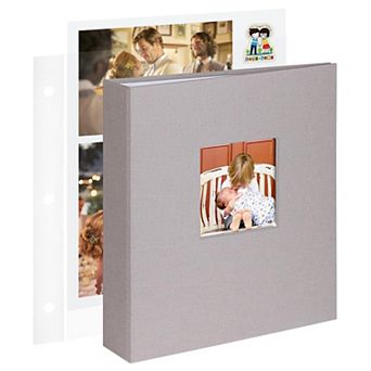8.5x11 Inch 3 Ring Scrapbook Album with 30 Plastic Sleeves 60 Pages Beige Fabric Hardcover
