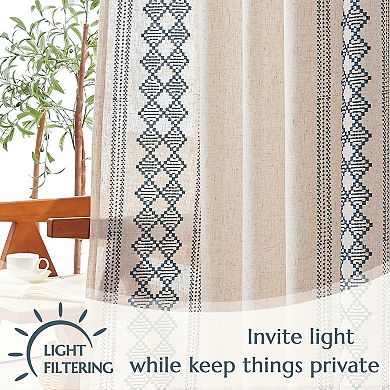 Linen Blend Boho Curtains Square Embroidered Tab Top Light Filtering Bedroom Living Room 2 Panels