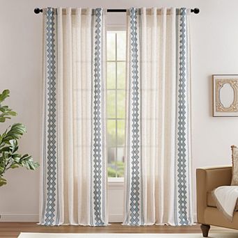 Linen Blend Boho Curtains Square Embroidered Tab Top Light Filtering Bedroom Living Room 2 Panels
