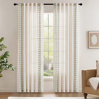 Linen Blend Boho Curtains Square Embroidered Tab Top Light Filtering Bedroom Living Room 2 Panels