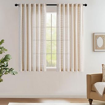Linen Blend Boho Curtains Square Embroidered Tab Top Light Filtering Bedroom Living Room 2 Panels