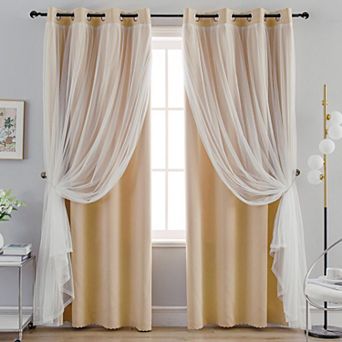 Blackout Sheer Layered Curtains Grommet Top 2 Panels with Tiebacks
