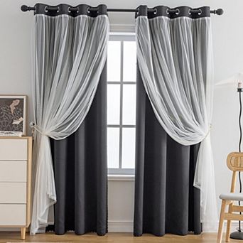 Blackout Sheer Layered Curtains Grommet Top 2 Panels with Tiebacks