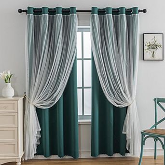 Blackout Sheer Layered Curtains Grommet Top 2 Panels with Tiebacks
