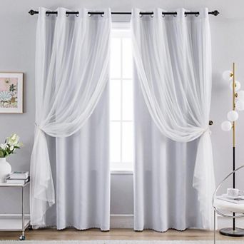 Blackout Sheer Layered Curtains Grommet Top 2 Panels with Tiebacks