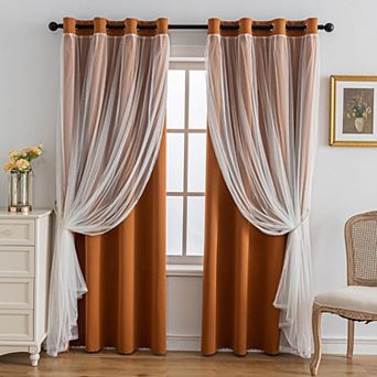 Blackout Sheer Layered Curtains Grommet Top 2 Panels with Tiebacks