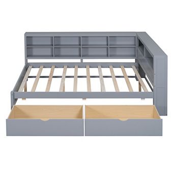Pnronnc L-Shaped Wooden Daybed Frame with Double-Layer Storage Shelf and Charging Ports, 2 Drawers